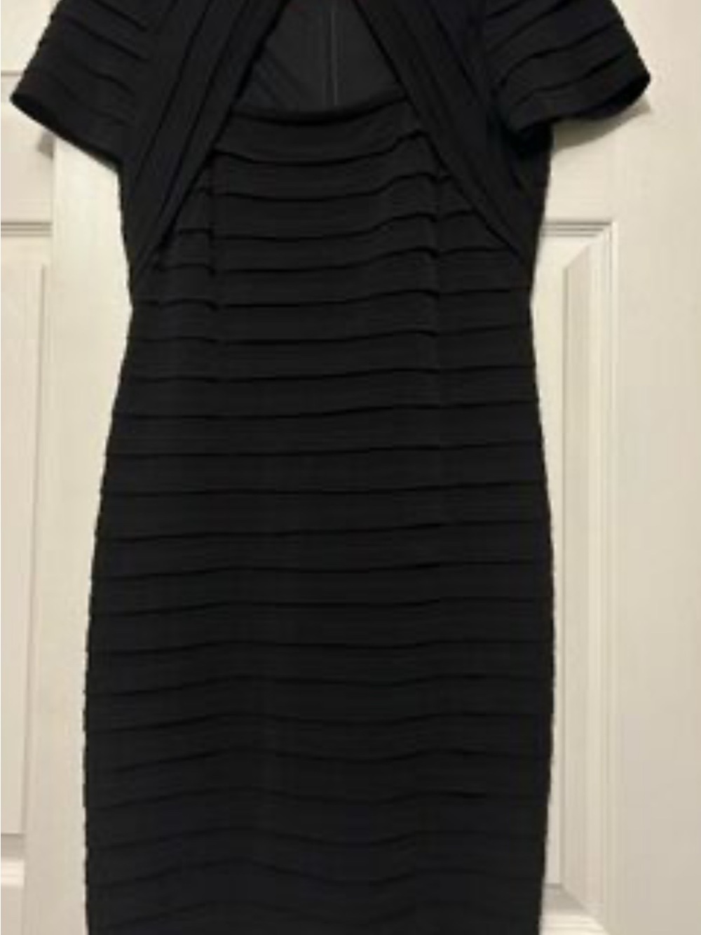 London Times Black Ribbed Bandage Midi Dress